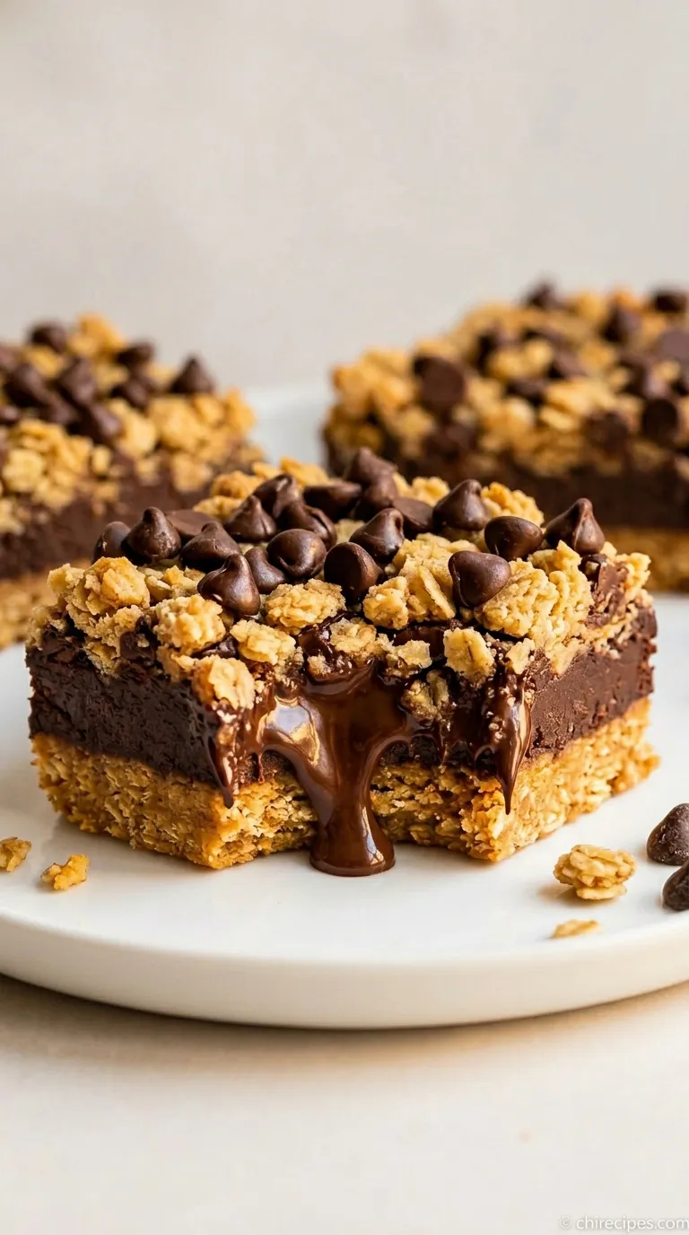 A stack of homemade Chocolate Peanut Butter Oatmeal Bars with a rich, melted chocolate topping on a white plate.