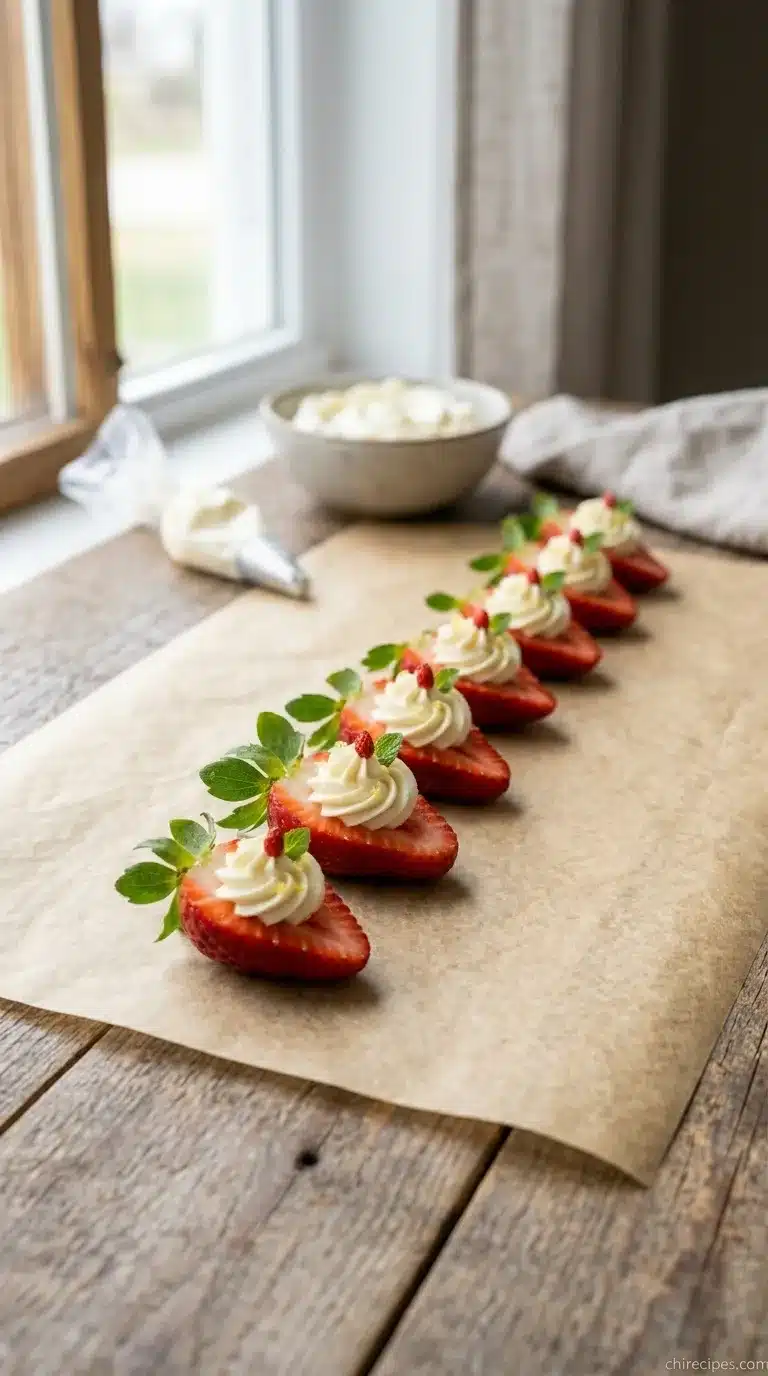 A platter of fresh deviled strawberries, hollowed out and filled with a piped swirl of sweet cream cheese filling.