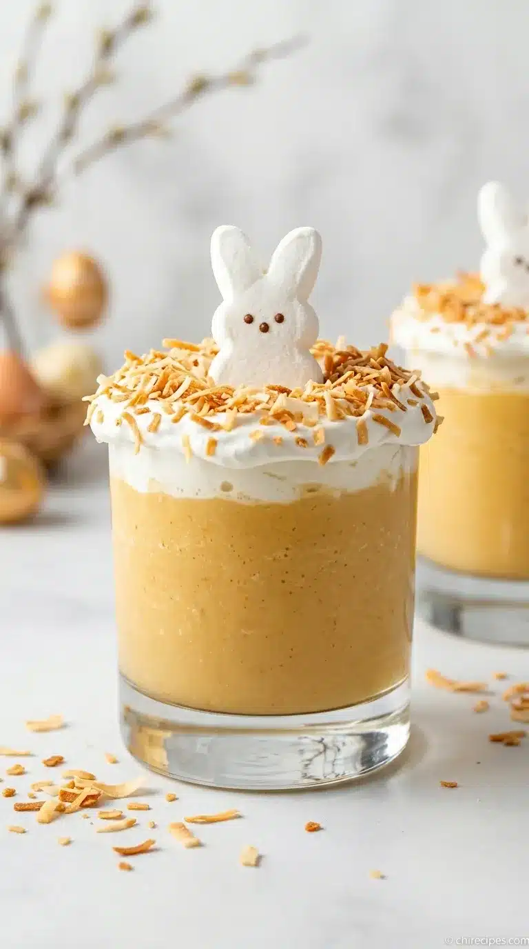 A creamy pink Easter Bunny Colada cocktail in a tall glass, garnished with a marshmallow Peep bunny.