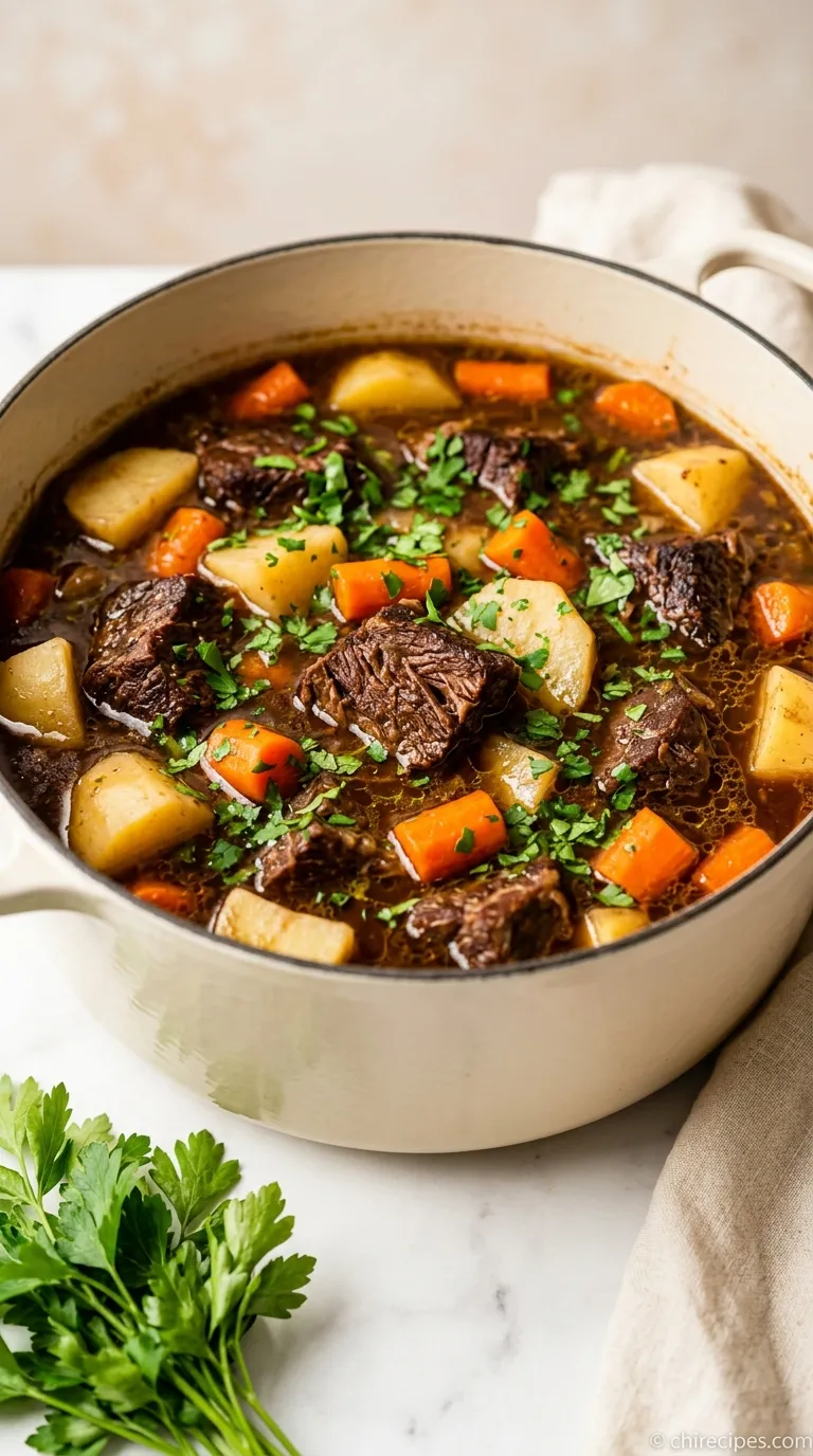 A hearty bowl of traditional Irish Stew with tender lamb, potatoes, and carrots, garnished with fresh parsley.