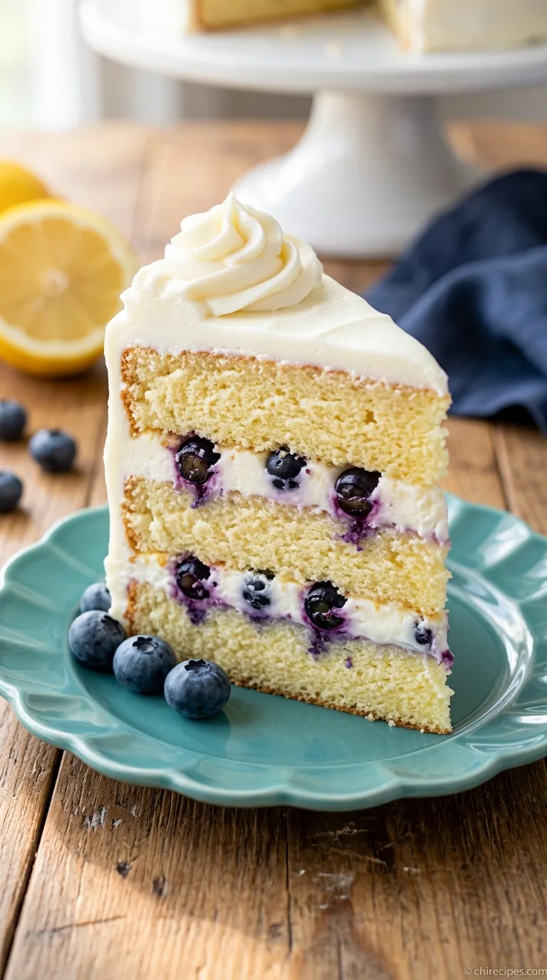 A slice of moist Lemon Blueberry Cake with a sweet lemon glaze and fresh blueberries on a white plate.