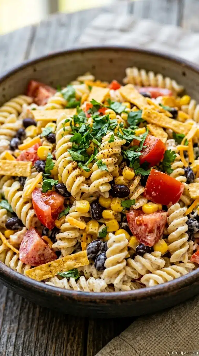 A large white bowl of Creamy Ranch Taco Pasta Salad with ground beef, corn, beans, and a creamy dressing, topped with cilantro.