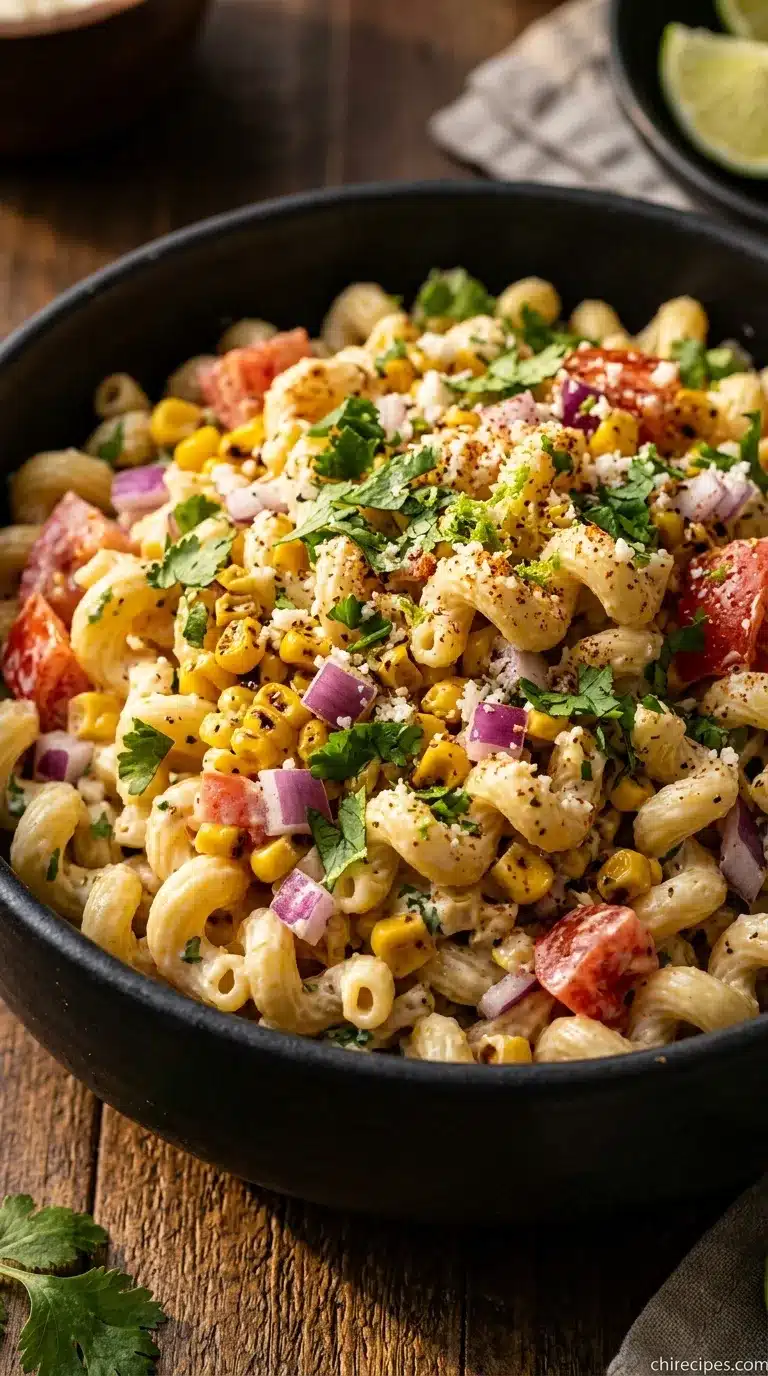 A large bowl of Mexican Street Corn Pasta Salad topped with crumbled cotija cheese, fresh cilantro, and a lime wedge.
