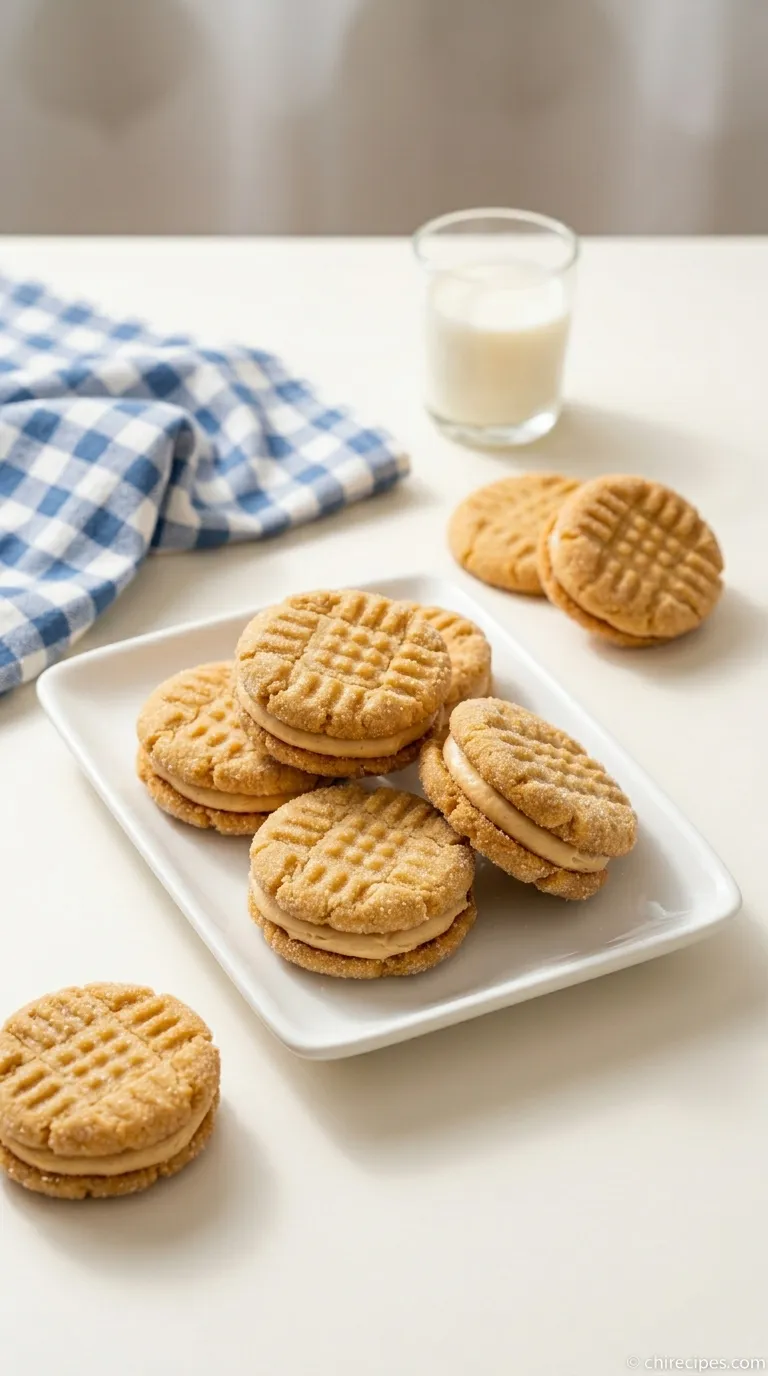 A stack of freshly baked Homemade Nutter Butter Cookies on a white plate.