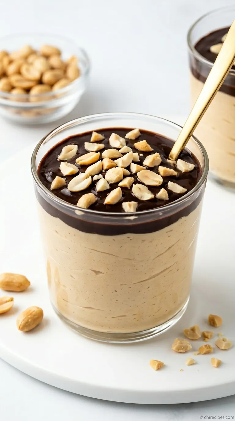 A glass dessert cup filled with creamy, light brown Cottage Cheese Peanut Butter Mousse, topped with a peanut butter drizzle.