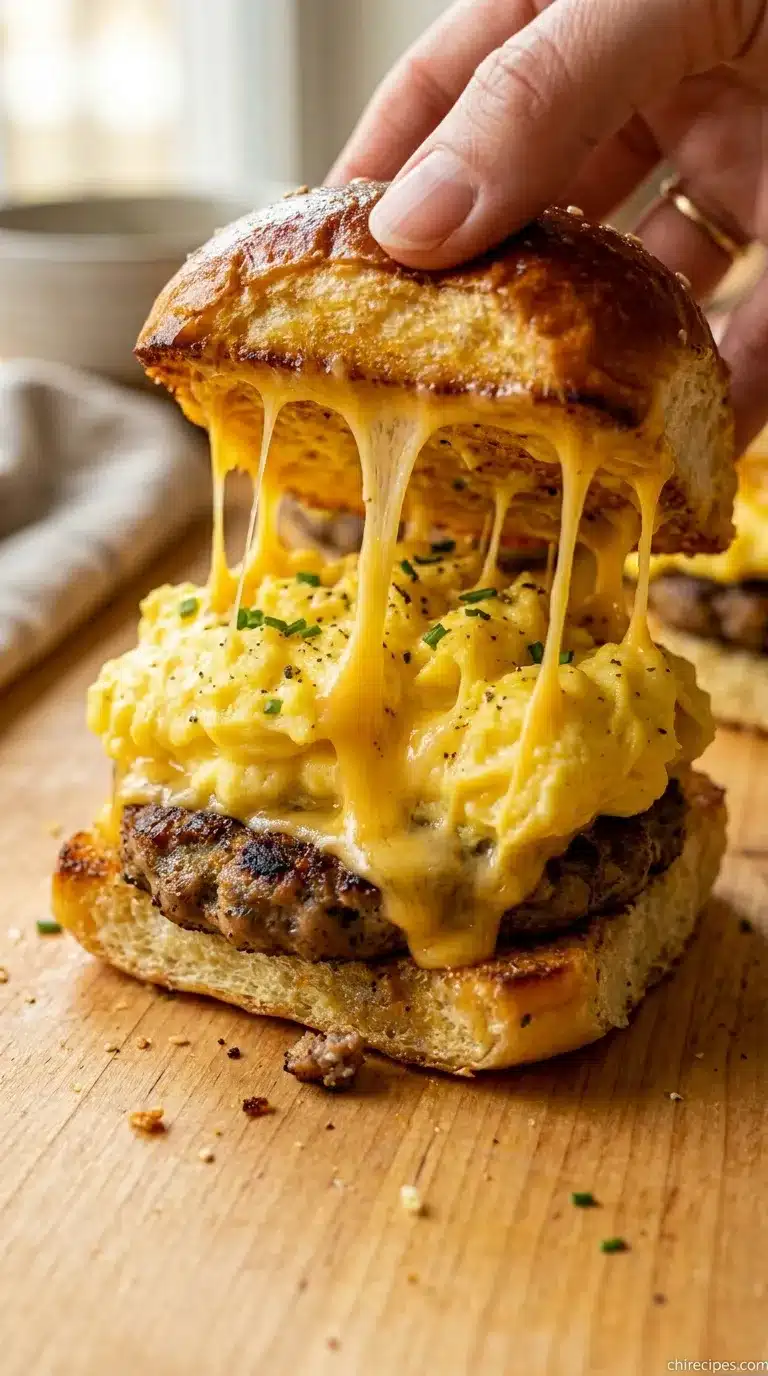 A platter of cheesy Sausage and Egg Breakfast Sliders on Hawaiian rolls, ready to be served.