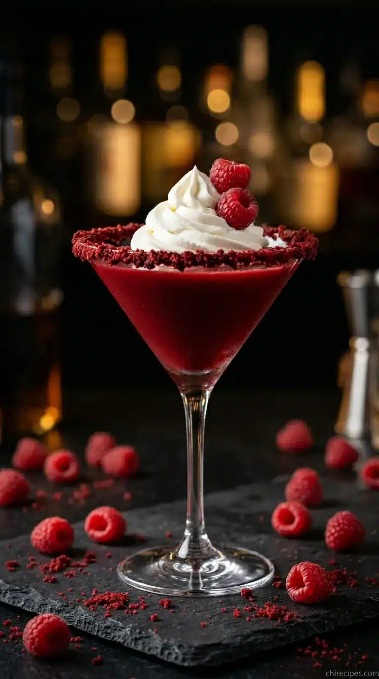 A creamy Red Velvet Martini in a chilled glass with a cream cheese frosting rim and chocolate shavings.