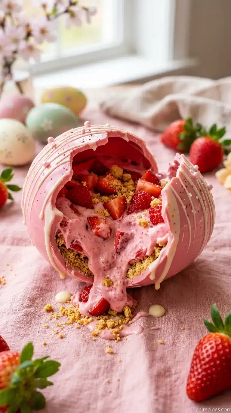 A plate of white chocolate Strawberry Shortcake Easter Egg Bombs decorated with pink drizzle and strawberry crumble.