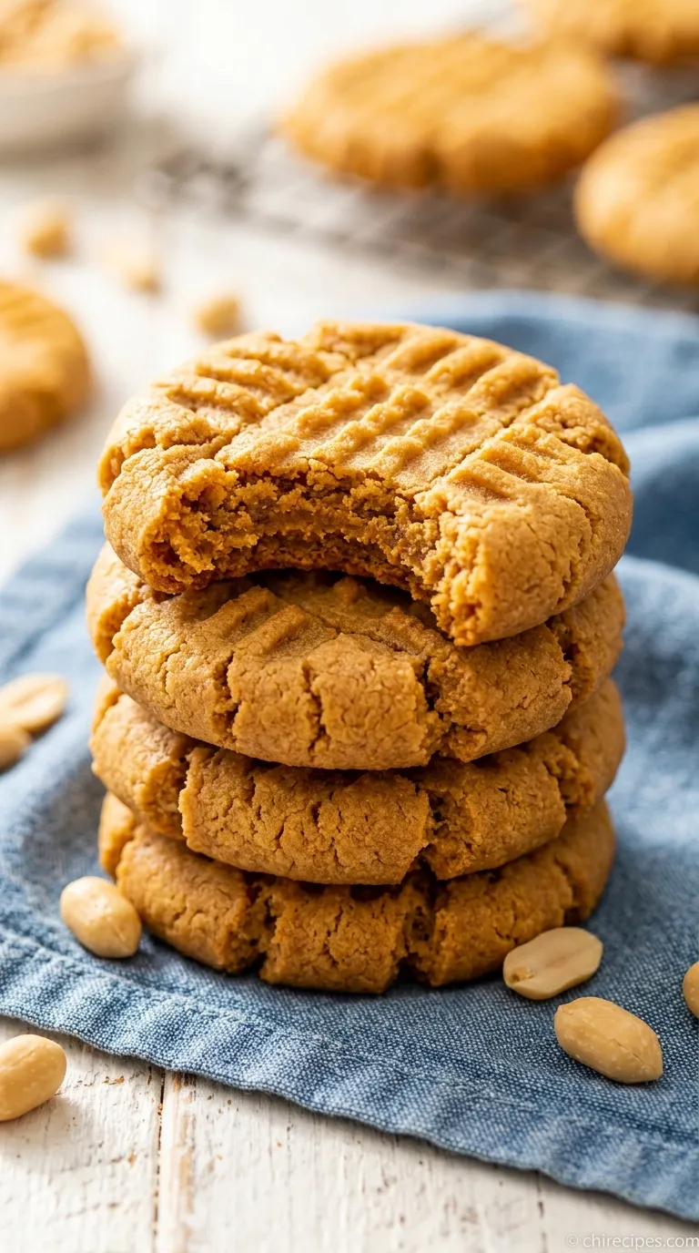 A stack of golden brown Old Fashioned Peanut Butter Cookies with classic criss-cross fork marks on a cooling rack.