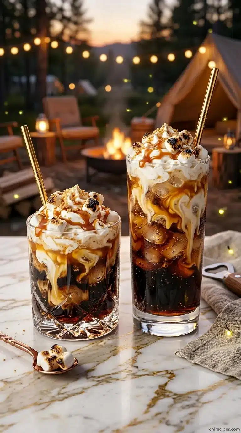 A tall glass of Campfire Cola Dirty Soda with a toasted marshmallow garnish and a swirl of cream.