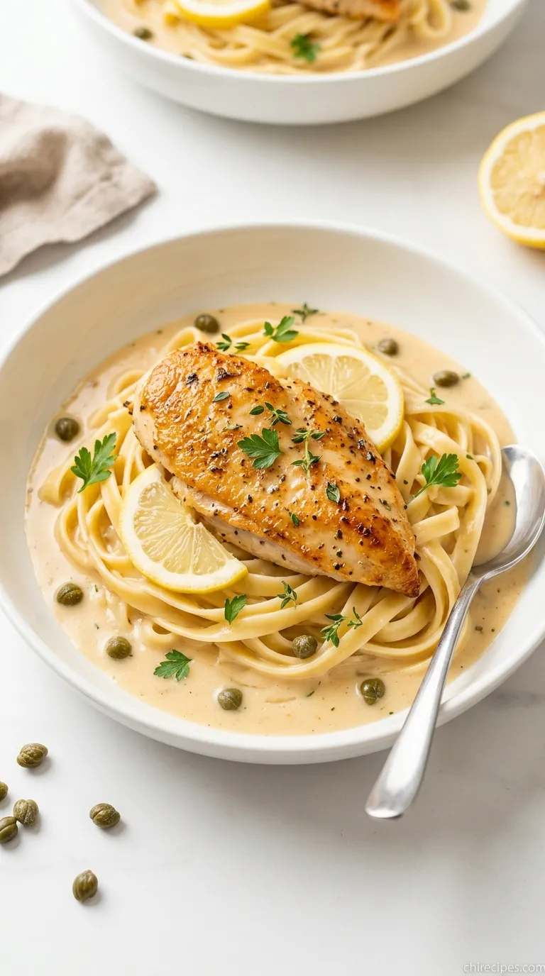 Golden-brown Lemon Chicken Piccata on a plate with a buttery caper sauce and fresh parsley garnish.
