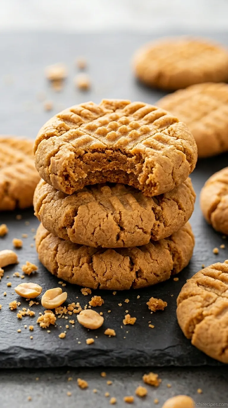 A stack of golden-brown Chewy Classic Peanut Butter Cookies with the iconic crisscross fork marks on top.
