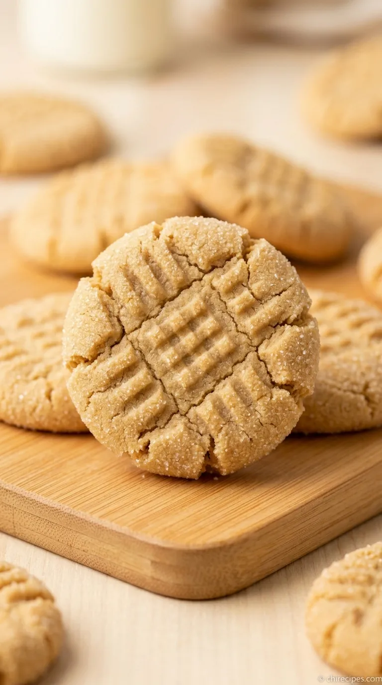 A golden-brown peanut butter cookie with the classic criss-cross fork pattern on a white plate.