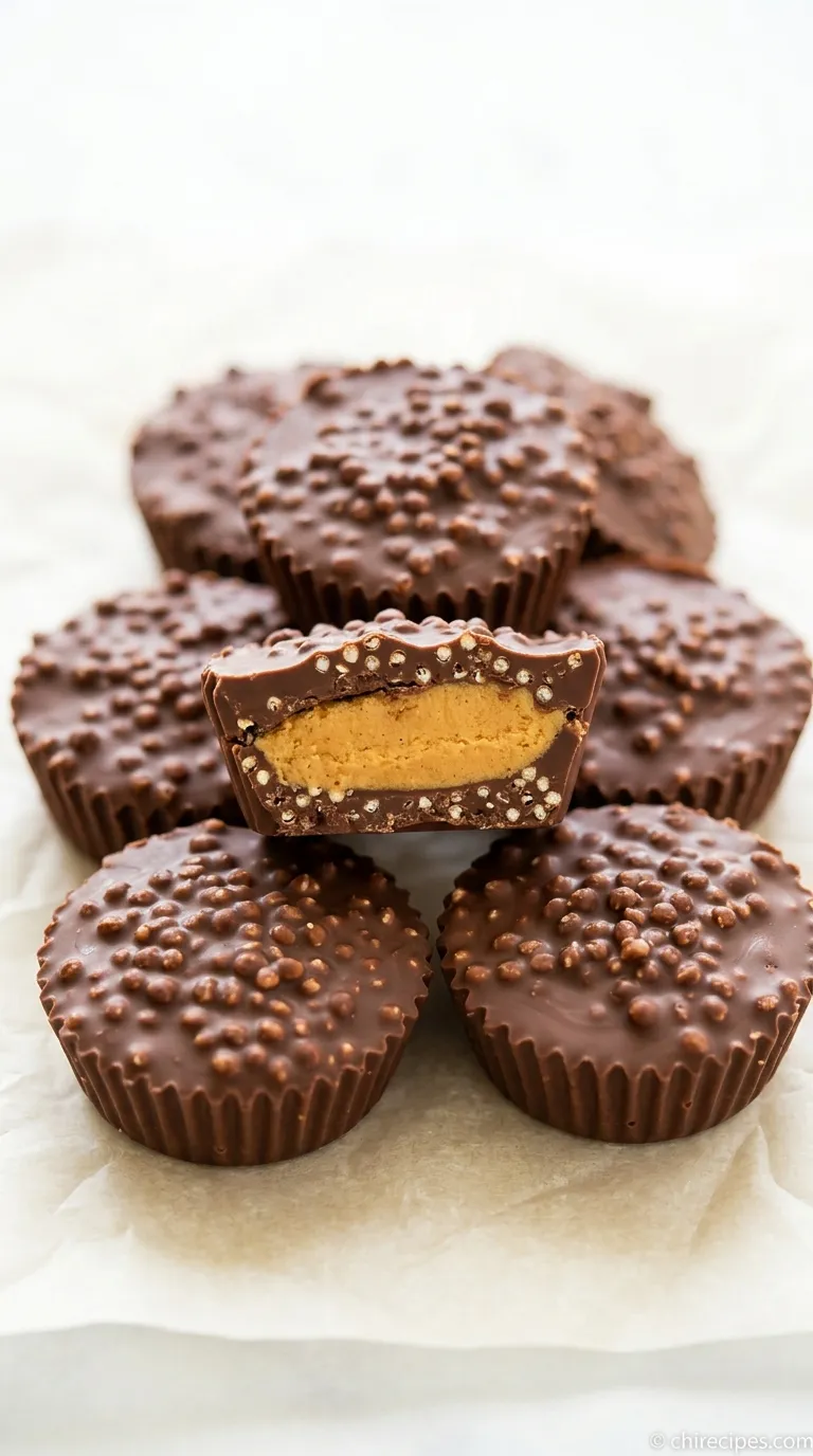 A stack of homemade Quinoa Crunch Peanut Butter Cups, with one cut in half to show the crispy quinoa filling.