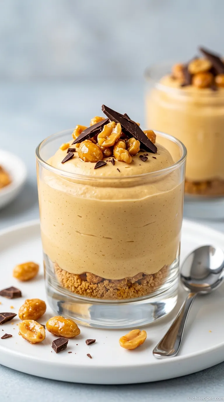 A glass bowl of light and fluffy peanut butter mousse topped with chocolate shavings and a dollop of whipped cream.